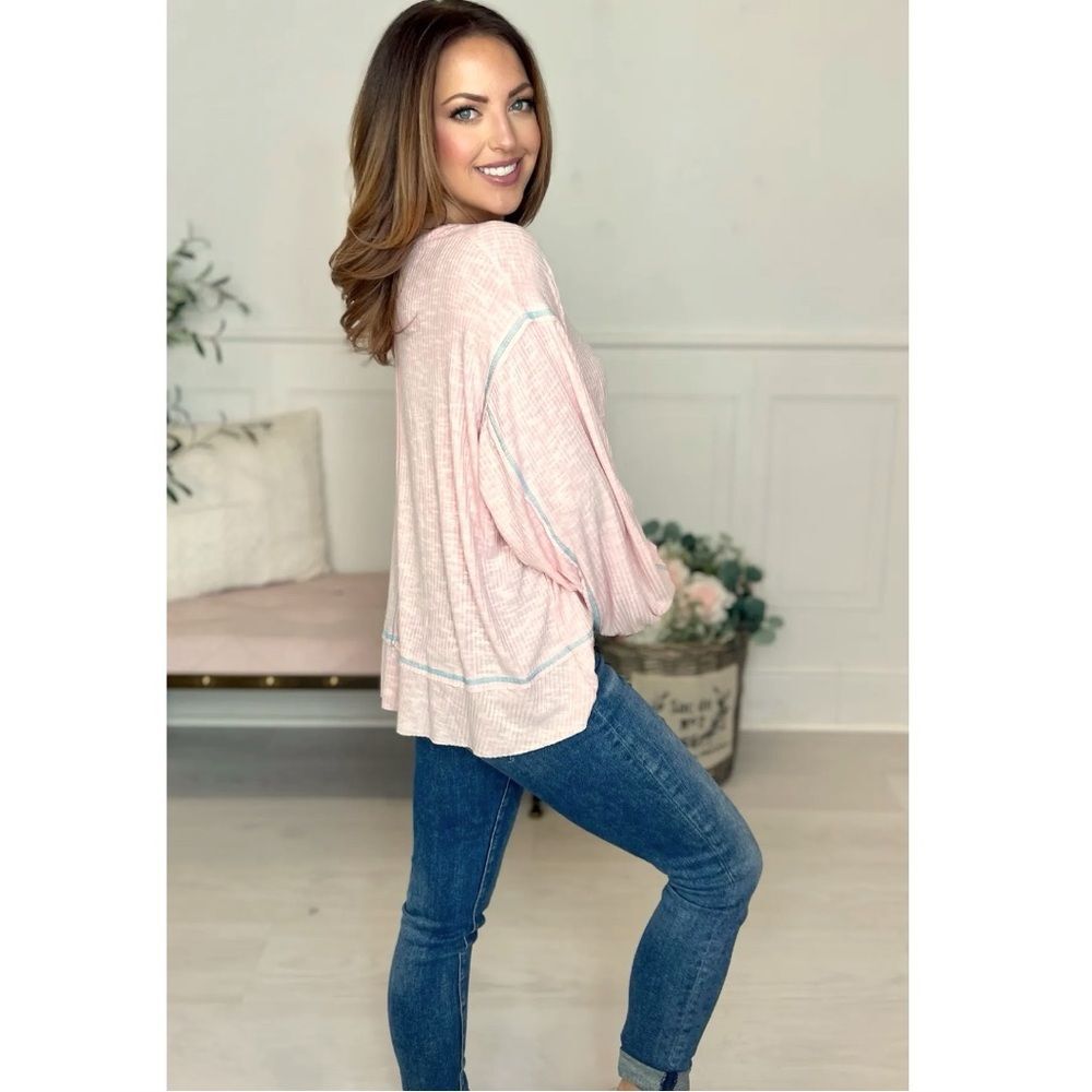 POL Blush Pink Ribbed Oversized Top Exposed Seam Pocket Boho Long Sleeve Med NEW - Picture 8 of 15